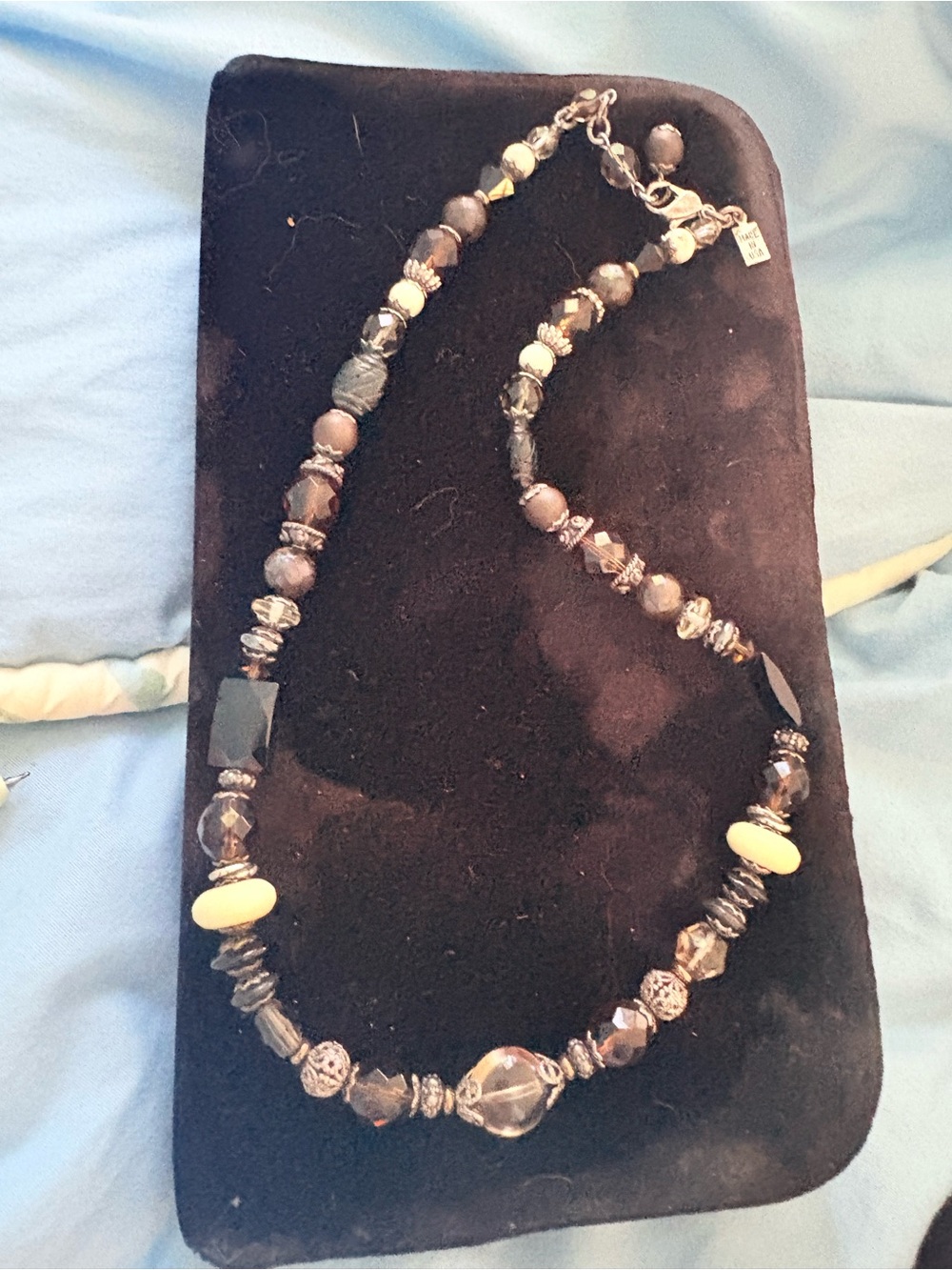 Vintage Desert Heart Necklace Stones Silver Filigree Faceted Glass Neutrals 20”